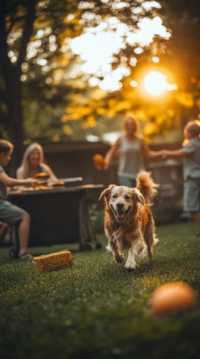 In the warm glow of a summer evening, a happy golden retriever enjoys playing fetch in a lush backyard. The setting sun creates a picturesque backdrop as the dog runs energetically towards a thrown toy. In the background, a family gathers around a barbecue grill, chatting and enjoying the leisurely moments. The scene encapsulates the joy and relaxation of a family enjoying quality time together while their pet adds to the lively atmosphere.